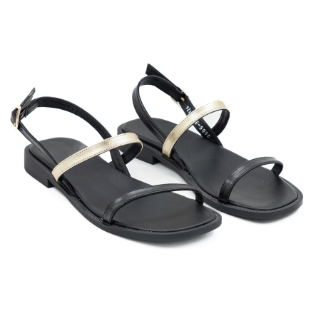 Sandale dama din piele naturala neagra si aurie, cu varf rotund si talpa 1 cm 0126-26 [1]