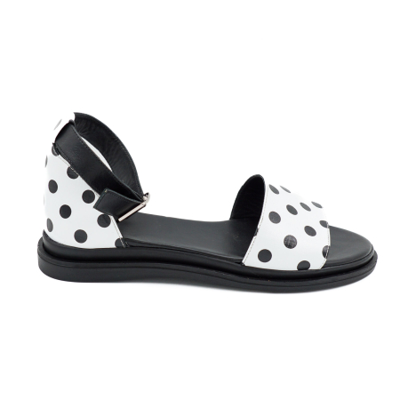 Sandale casual & sport dama - Sandale dama din piele naturala alba cu buline negre, cu varf rotund si talpa 2 cm 4721-1-26
