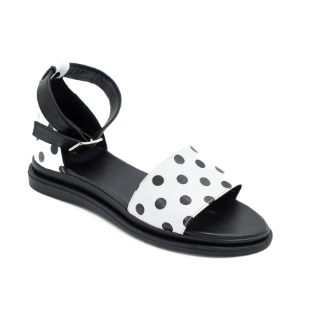 Sandale dama din piele naturala alba cu buline negre, cu varf rotund si talpa 2 cm 4721-1-26 [1]