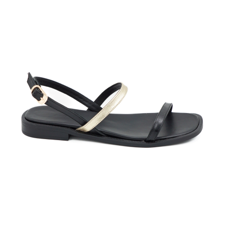Sandale casual & sport dama - Sandale dama din piele naturala neagra si aurie, cu varf rotund si talpa 1 cm 0126-26