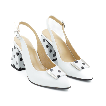 Sandale dama din piele naturala alba si cu buline negre, cu varf ascutit stiletto si toc mediu gros imbracat 8 cm 1044-1-26 [2]