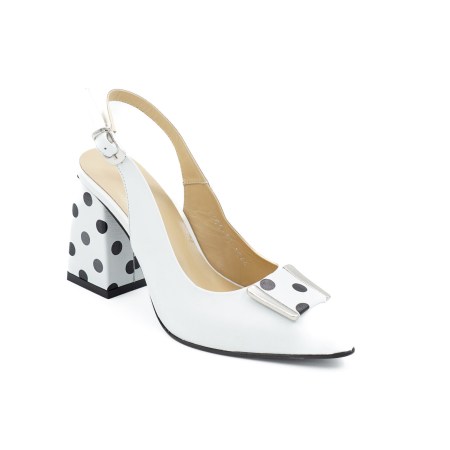 Sandale dama din piele naturala alba si cu buline negre, cu varf ascutit stiletto si toc mediu gros imbracat 8 cm 1044-1-26 [1]