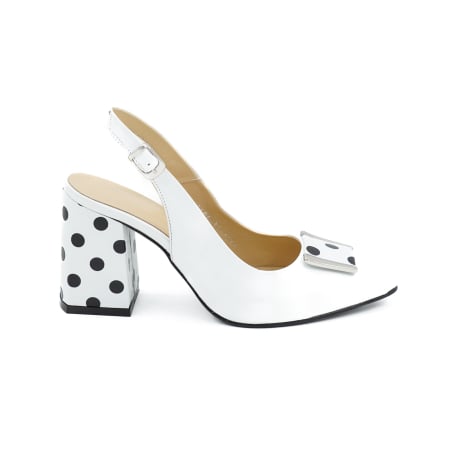 Dama - Sandale dama din piele naturala alba si cu buline negre, cu varf ascutit stiletto si toc mediu gros imbracat 8 cm 1044-1-26