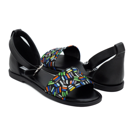 Sandale dama din piele naturala neagra si cu imprimeu multicolor, cu varf rotund si talpa joasa 2 cm 4721-2-26 [3]