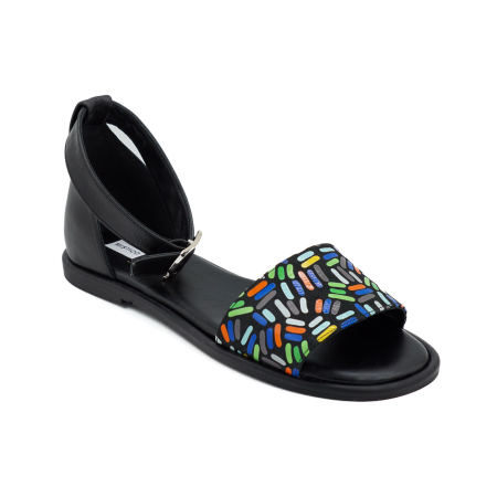 Sandale dama din piele naturala neagra si cu imprimeu multicolor, cu varf rotund si talpa joasa 2 cm 4721-2-26 [1]