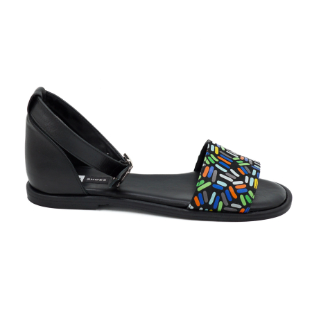Dama - Sandale dama din piele naturala neagra si cu imprimeu multicolor, cu varf rotund si talpa joasa 2 cm 4721-2-26