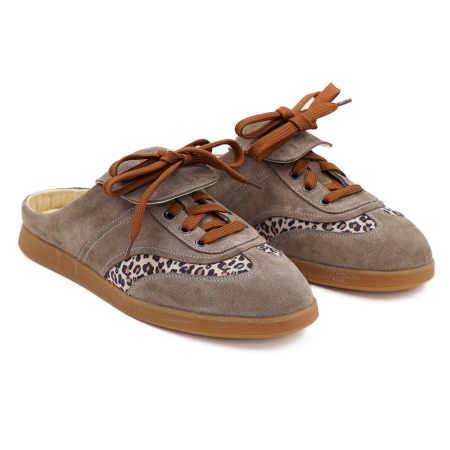 Slapi dama din piele naturala intoarsa grej si cu imprimeu animal print, cu varf rotund si talpa joasa 3 cm 1326-26 [2]