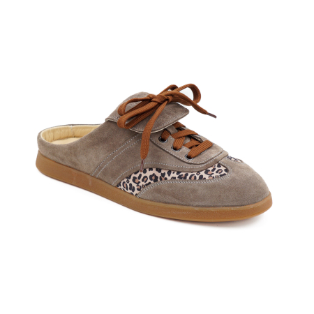Slapi dama din piele naturala intoarsa grej si cu imprimeu animal print, cu varf rotund si talpa joasa 3 cm 1326-26 [1]
