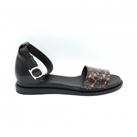 Lichidare stocuri - Sandale dama din piele naturala lacuita neagra si cu imprimeu animal print cu varf rotund si talpa 2 cm 4721-25