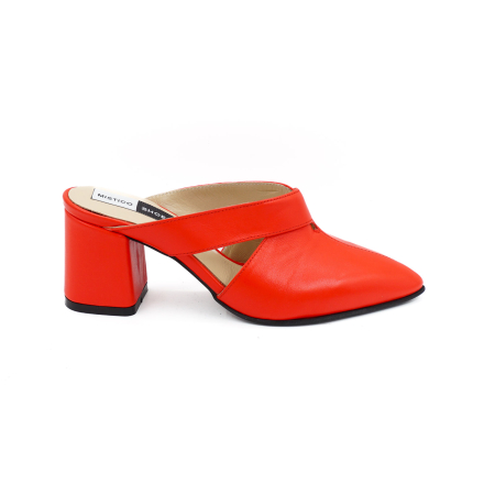 Sandale casual & sport dama - Saboti dama din piele naturala corai, cu varf ascutit stiletto si toc mic gros imbracat 6 cm 2926-1-26