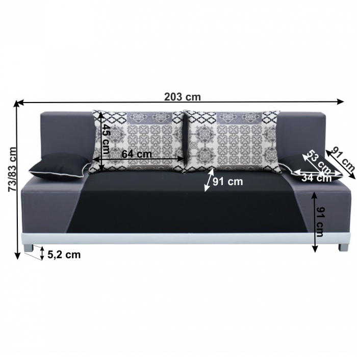 Canapea extensibilă, material textil negru/gri/perne gri cu model, ROKAR [5]
