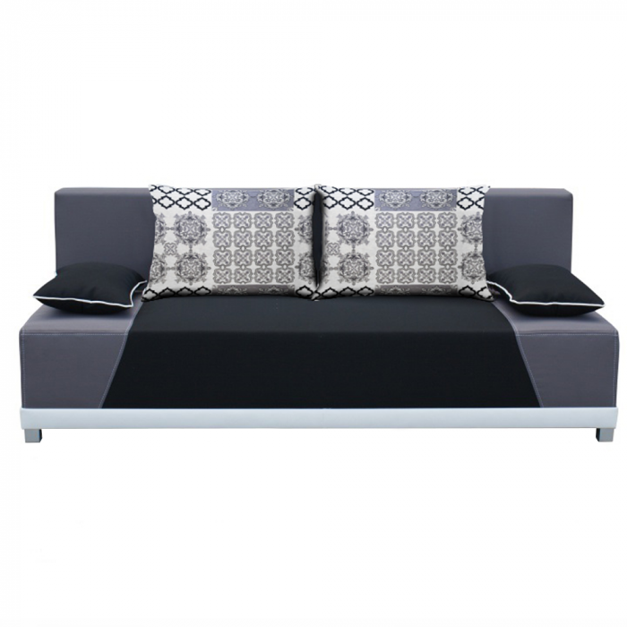 Canapea extensibilă, material textil negru/gri/perne gri cu model, ROKAR [1]