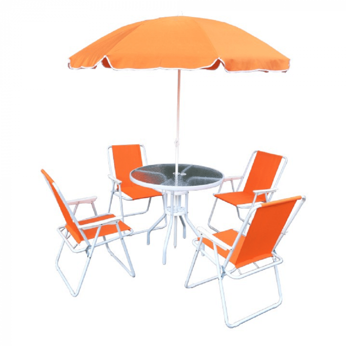 Set de gradina, masa, patru sacaune si umbrela,portocaliu/alb, ODELO [1]