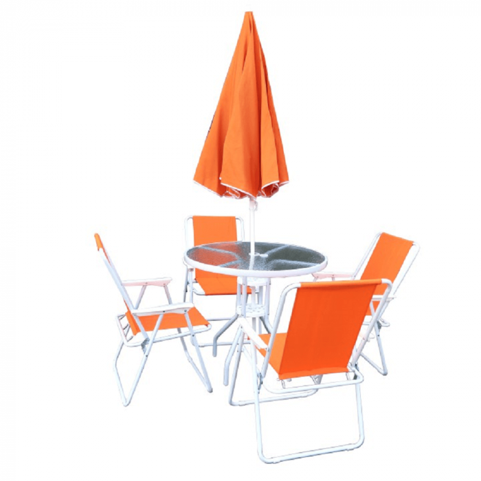 Set de gradina, masa, patru sacaune si umbrela,portocaliu/alb, ODELO [2]