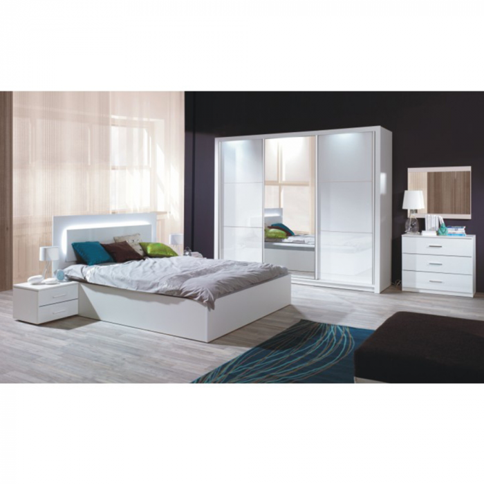 Set dormitor (dulap + pat 160x200 + 2x noptieră), alb/alb lucios HG, ASIENA [1]
