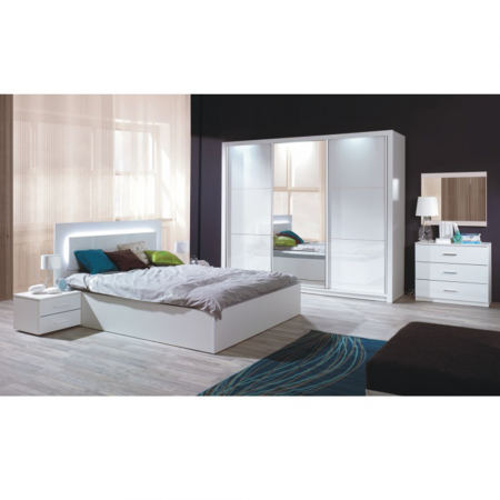 Set dormitor (dulap + pat 160x200 + 2x noptieră), alb/alb lucios HG, ASIENA [0]