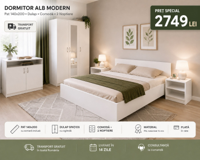 DORMITOR ALB MODERN Pat 140x200 • Dulap Spațios • Comodă • 2 Noptiere