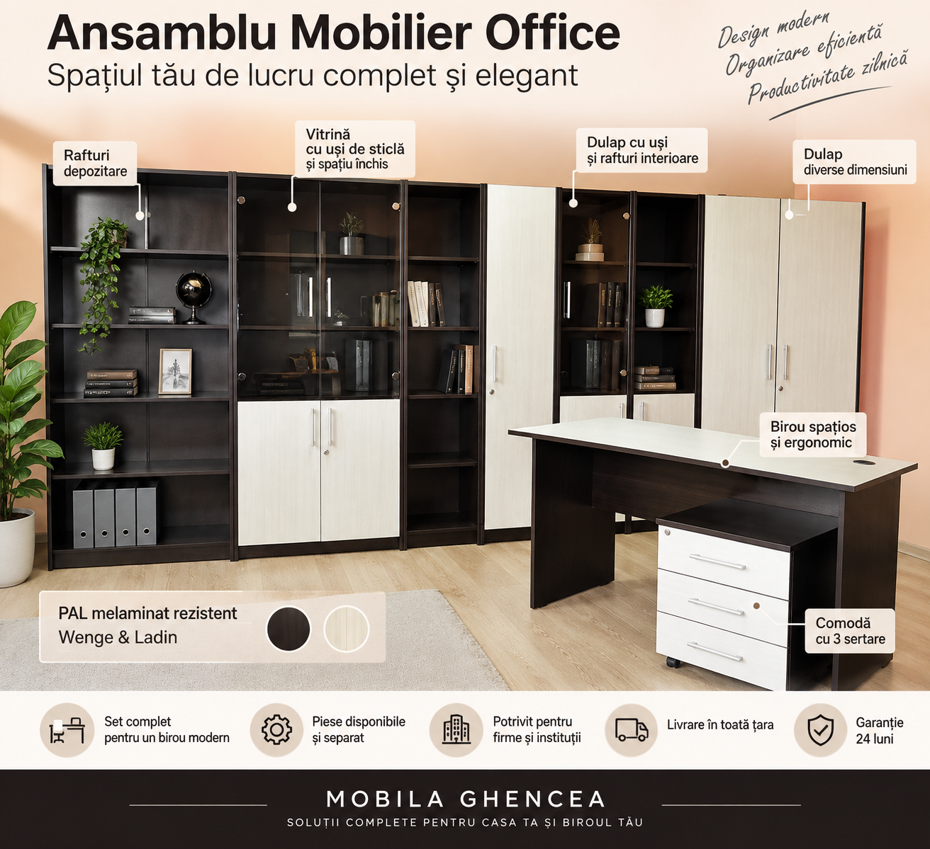 Ansamblu Mobilier Office complet – Set birou modern Wenge și Ladin Mobila Ghencea [2]