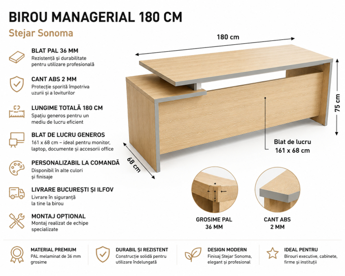 Birou Managerial 180 cm pentru Spații Executive – Stejar Sonoma [4]