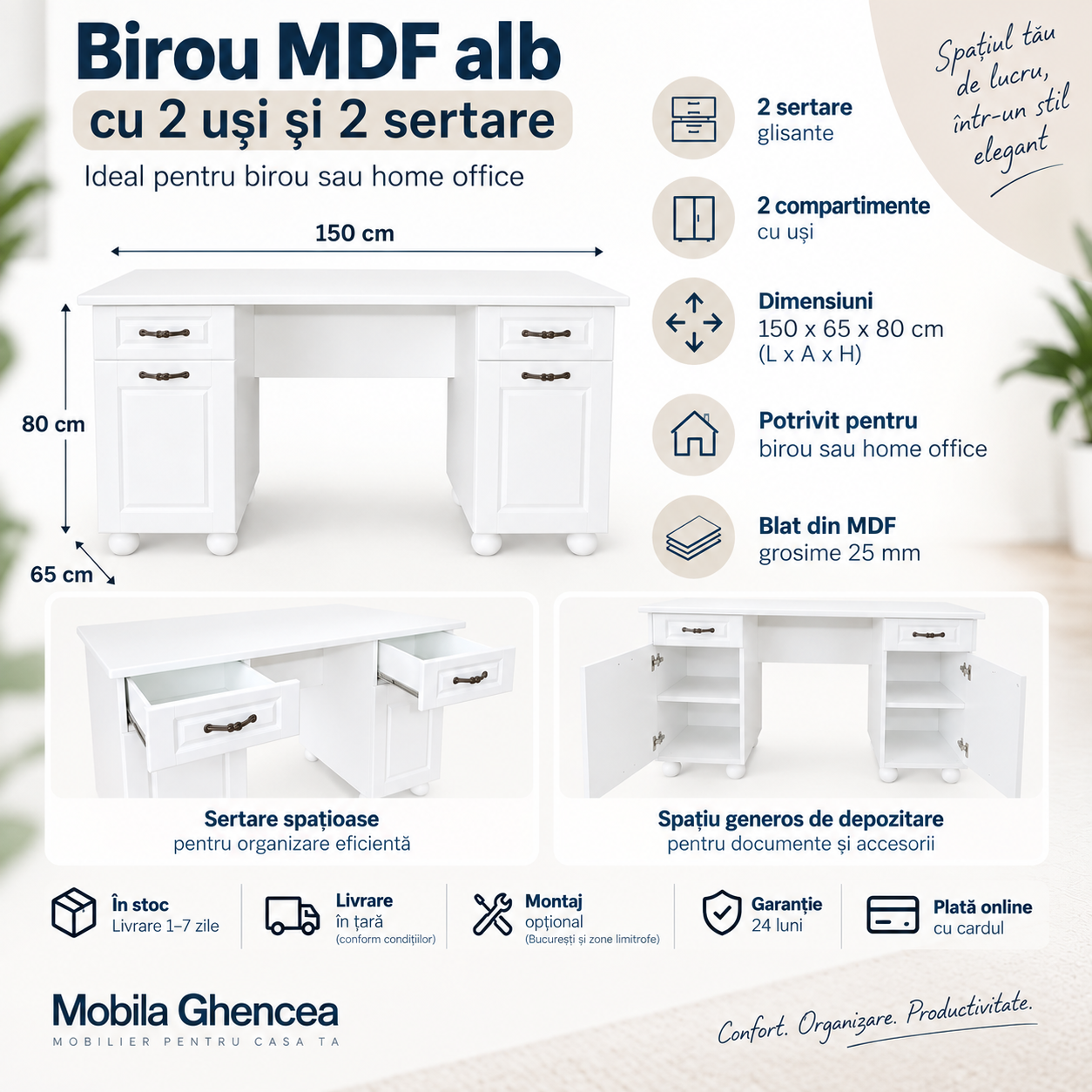 Birou MDF alb 150 cm cu 2 uși și 2 sertare [2]