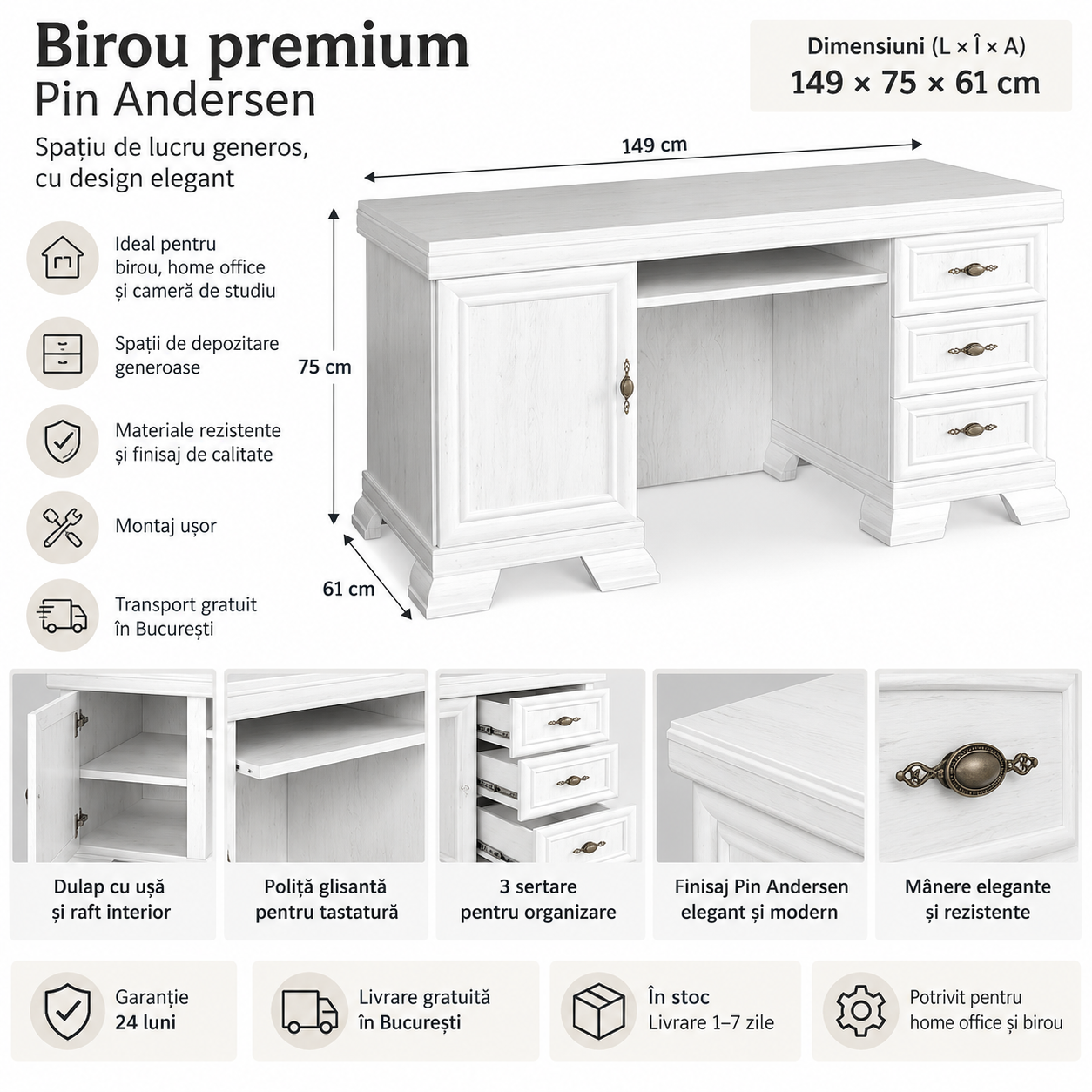 Birou premium cu ușă, 3 sertare și poliță pentru tastatură – Pin Andersen [2]