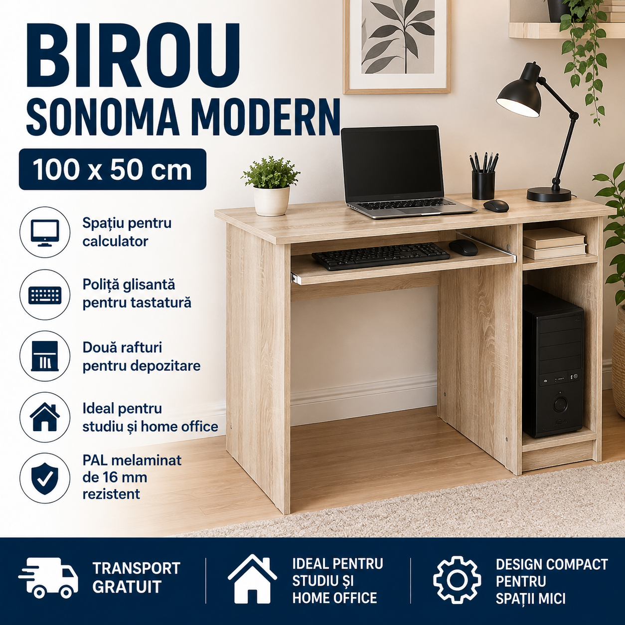 Birou Sonoma Modern 100 cm pentru Calculator și Home Office [2]