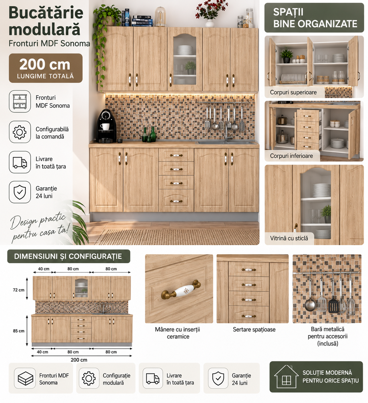 Bucătărie modulară 200 cm cu fronturi MDF Sonoma [2]