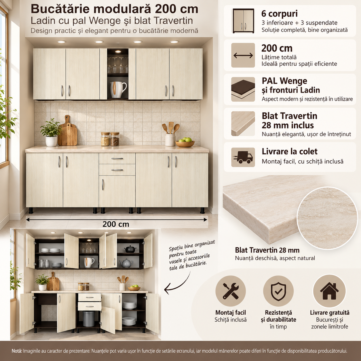 Bucătărie modulară 200 cm Wenge cu fronturi Ladin [2]