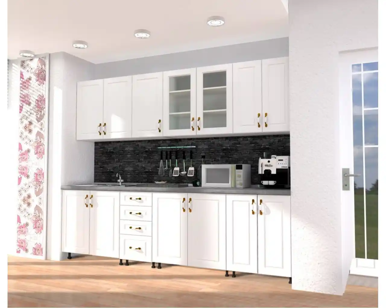 Bucătărie Zebra 260 cm – Fronturi MDF Alb cu Blat Gri [2]