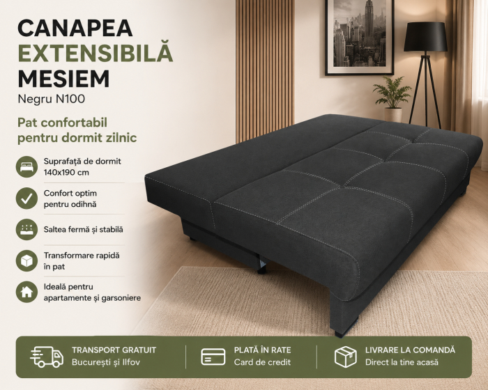 Canapea extensibilă Mesiem Negru N100 cu ladă de depozitare și pat 140x190 cm [2]