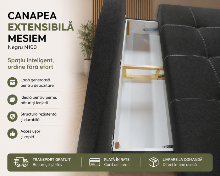 Canapea extensibilă Mesiem Negru N100 cu ladă de depozitare și pat 140x190 cm [3]