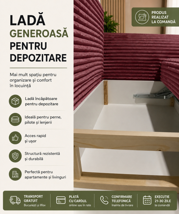 Canapea extensibilă roz cu ladă de depozitare și funcție de pat [3]