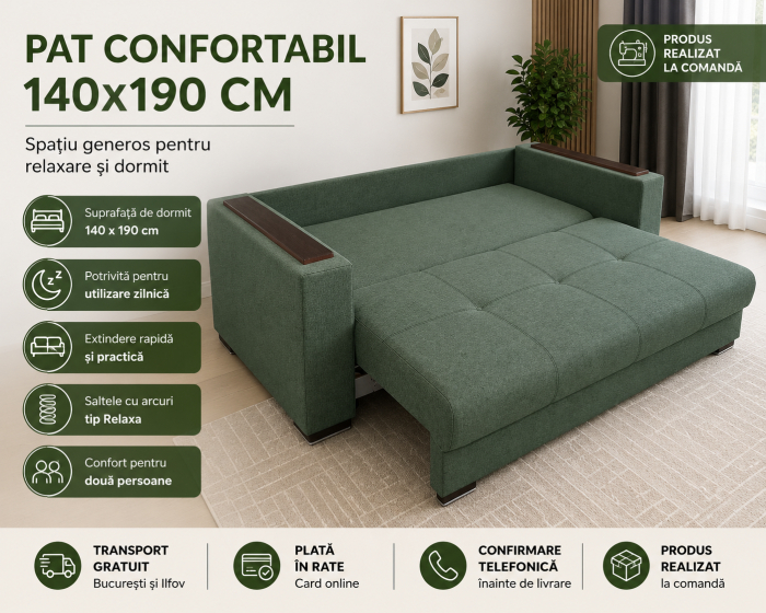 Canapea extensibilă verde pentru living cu suprafață de dormit 140x190 cm [2]