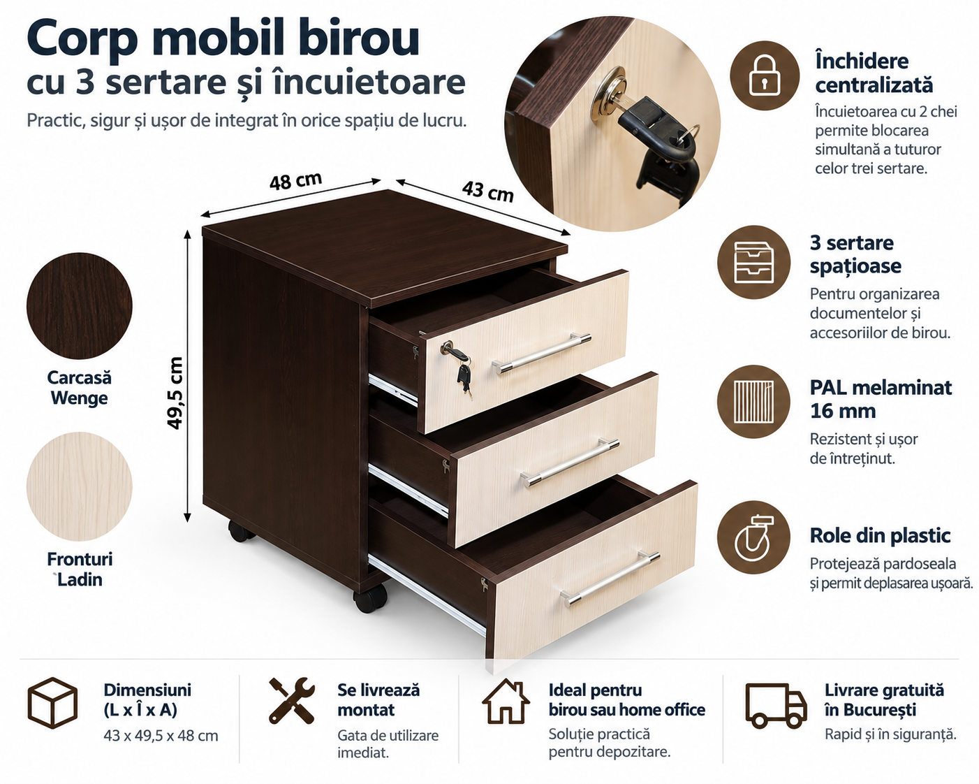 Corp mobil birou Office cu 3 sertare Wenge/Ladin [2]
