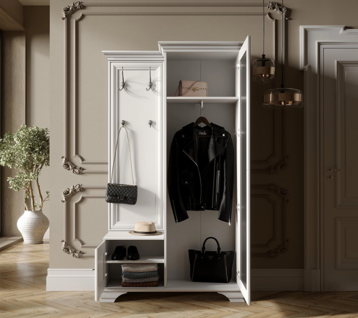 Cuier hol cu dulap si rafturi PPK 110P alb MDF patinat [5]