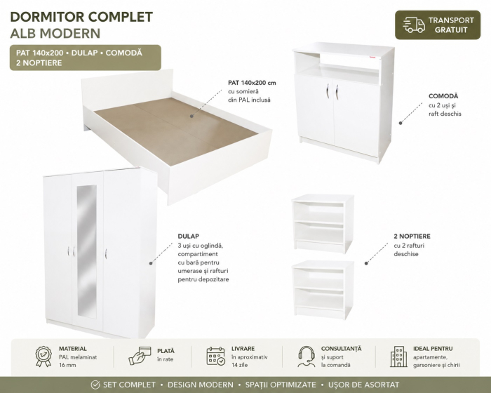 Dormitor alb modern cu pat 140x200 și dulap cu oglindă [2]