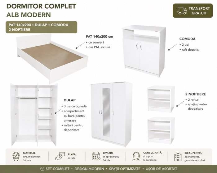 Dormitor alb modern cu pat 140x200 și dulap cu oglindă [3]