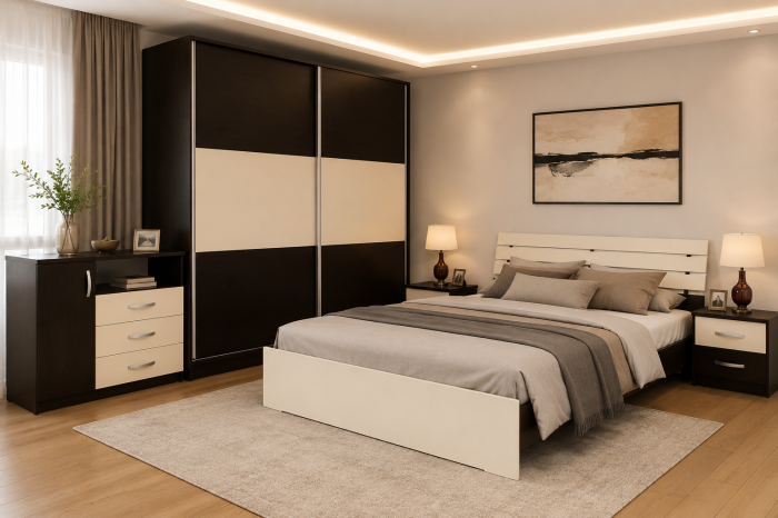 Dormitor Modern cu Dulap Uși Culisante și Pat Matrimonial 140x200 cm [4]
