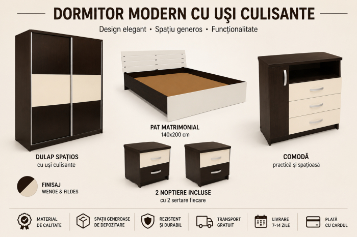 Dormitor Modern cu Dulap Uși Culisante și Pat Matrimonial 140x200 cm [2]