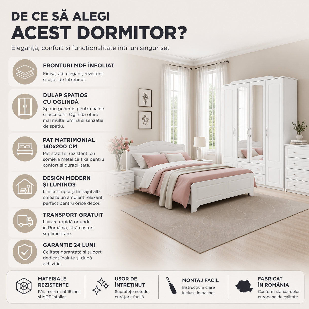 Dormitor Modern cu Fronturi MDF Înfoliat, Dulap și Pat Matrimonial [3]