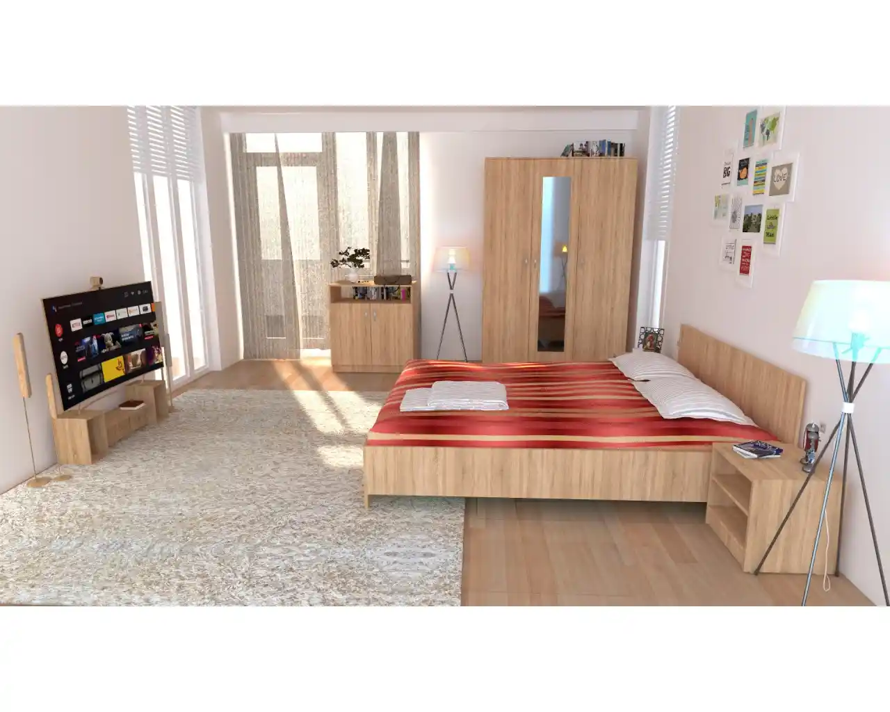 Dormitor Soft Sonoma cu dulap oglindă, pat, comodă și noptiere [4]