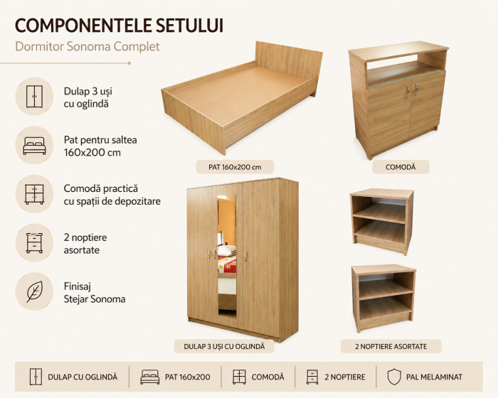 Dormitor Soft Sonoma cu dulap oglindă, pat, comodă și noptiere [2]