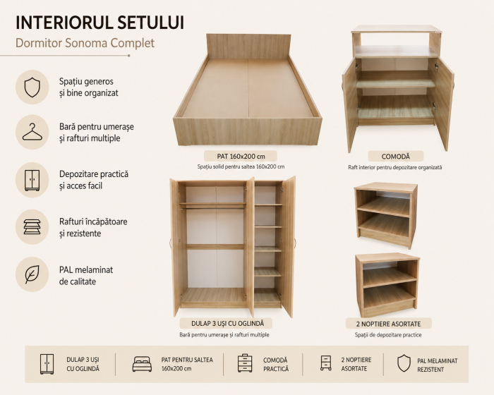 Dormitor Soft Sonoma cu dulap oglindă, pat, comodă și noptiere [3]