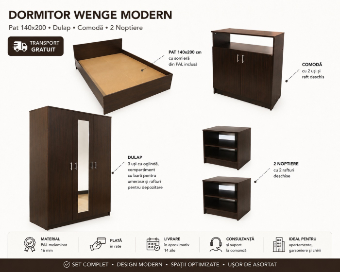 Dormitor Wenge Modern cu Pat 140x200 și Dulap cu Oglindă [2]