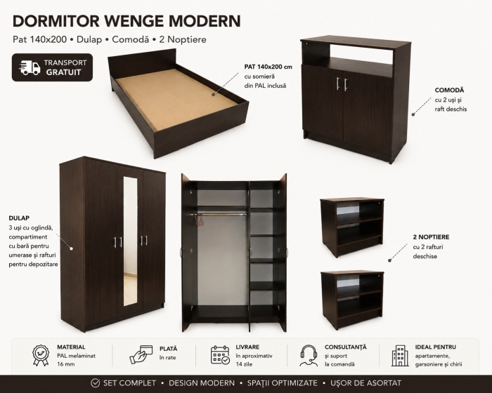 Dormitor Wenge Modern cu Pat 140x200 și Dulap cu Oglindă [3]