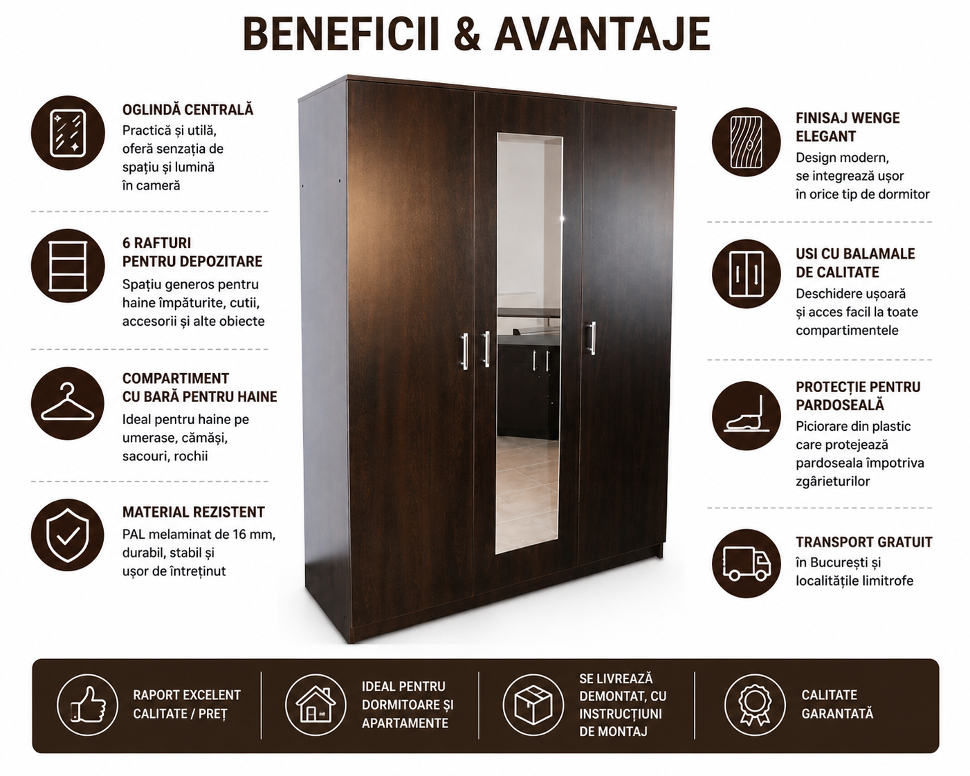 Dulap 3 Uși cu Oglindă, Polițe și Bară pentru Haine – Wenge [2]