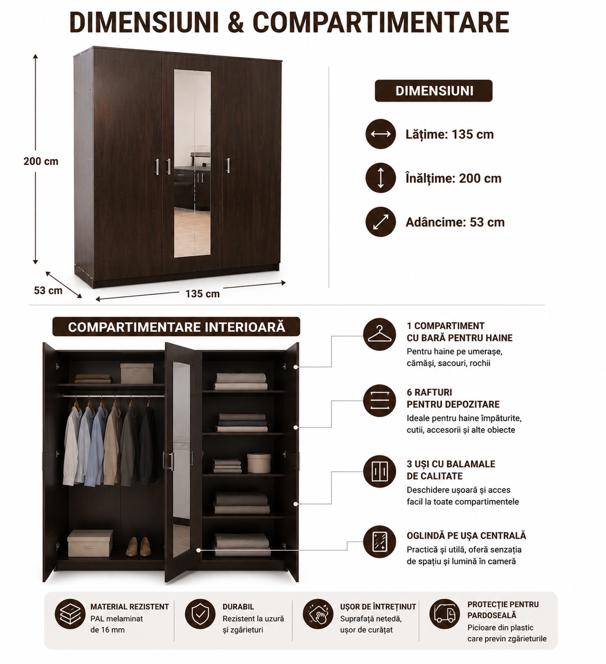 Dulap 3 Uși cu Oglindă, Polițe și Bară pentru Haine – Wenge [3]