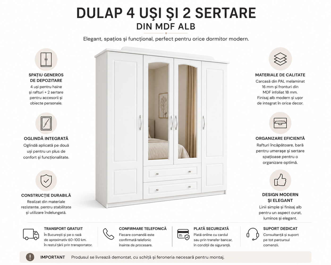 Dulap 4 Uși cu 2 Sertare din MDF Alb pentru Dormitor [4]