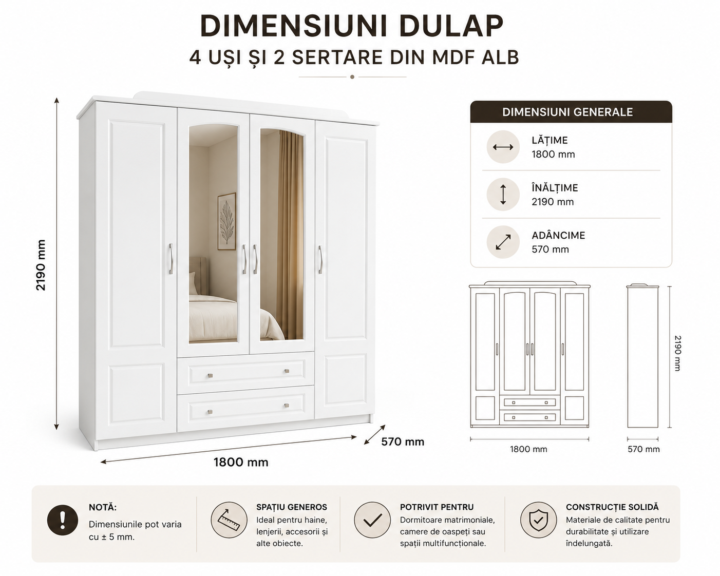 Dulap 4 Uși cu 2 Sertare din MDF Alb pentru Dormitor [6]