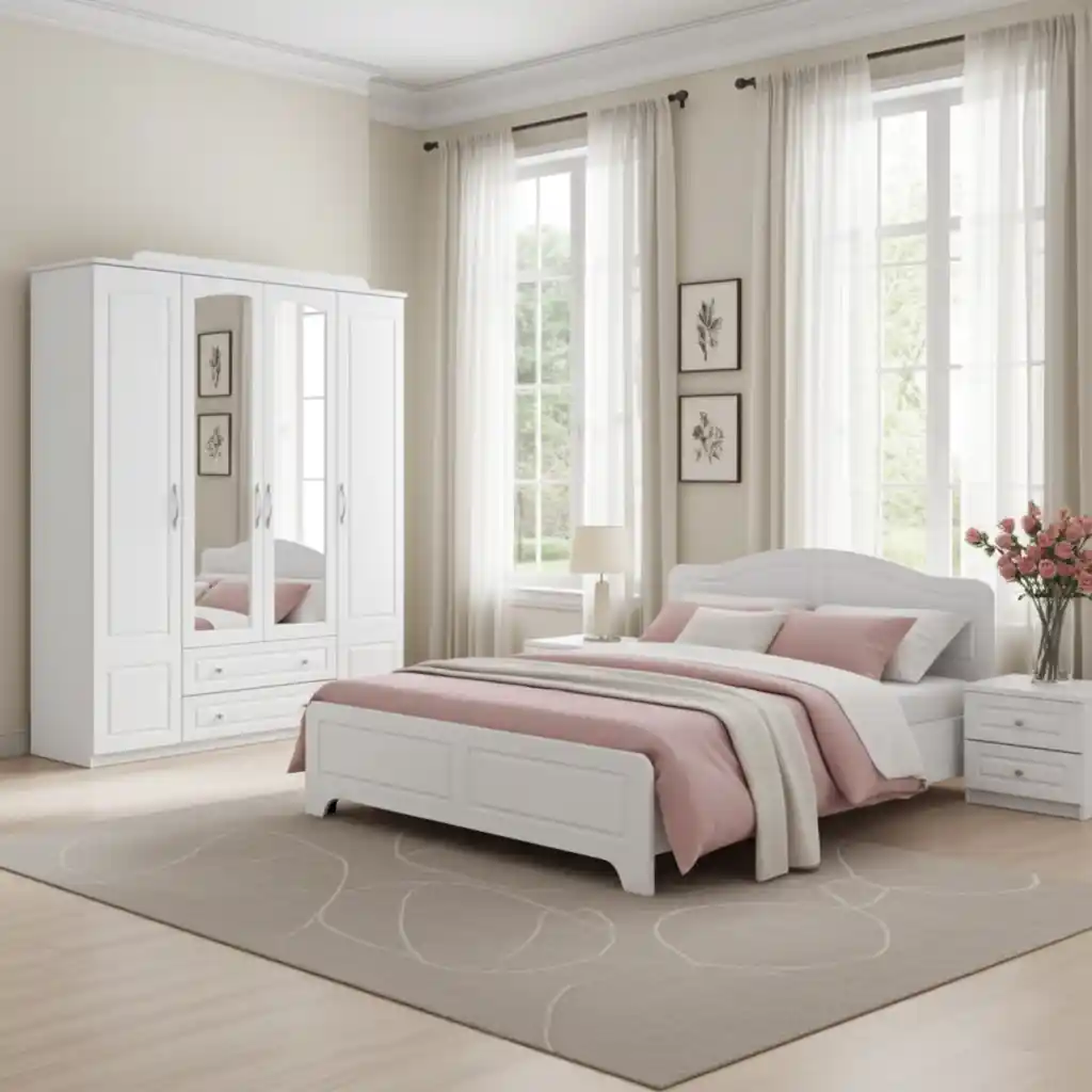 Dormitor Sara – Set mobilier modern cu pat 140x200 cm, dulap și noptieră albe [2]